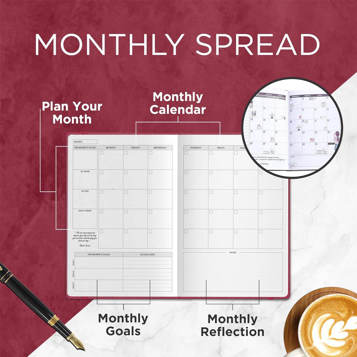 Wordsworth Undated Planner - Weekly, Monthly, Yearly Planning, Organizer Notebook; Increase Productivity, Time Management - Gratitude Journal; Hit Your Goals - Thick Paper (120GSM) A5