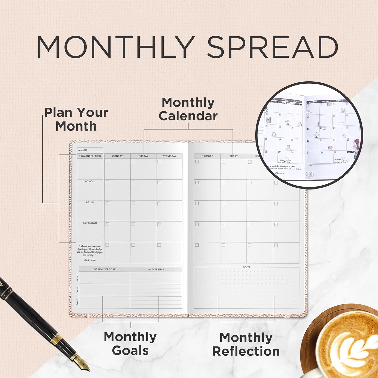 Wordsworth Undated Planner - Weekly, Monthly, Yearly Planning, Organizer Notebook; Increase Productivity, Time Management - Gratitude Journal; Hit Your Goals - Thick Paper (120GSM) A5