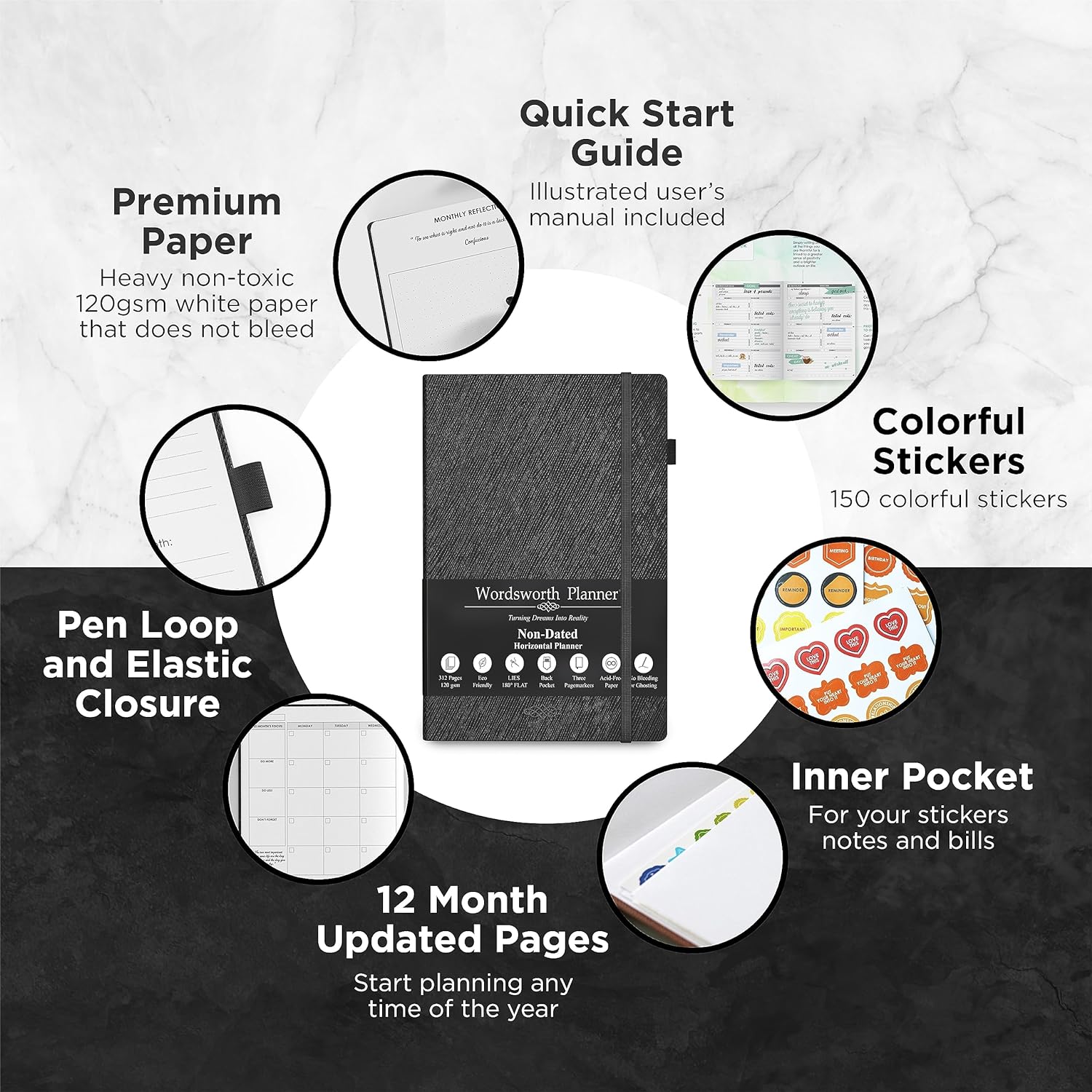Wordsworth Undated Planner - Weekly, Monthly, Yearly Planning, Organizer Notebook; Increase Productivity, Time Management - Gratitude Journal; Hit Your Goals - Thick Paper (120GSM) A5