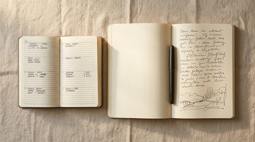 A leather diary and fountain pen on a wooden desk — diary versus journal comparison