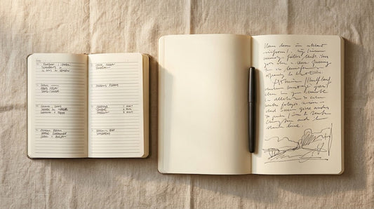 A leather diary and fountain pen on a wooden desk — diary versus journal comparison