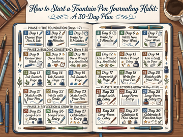 A person journaling with a pen on an open notebook in soft morning light — fountain pen journaling habit