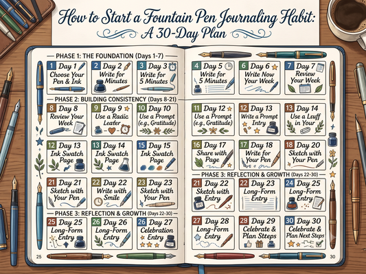 A person journaling with a pen on an open notebook in soft morning light — fountain pen journaling habit