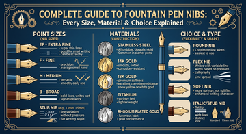 Elegant fountain pen nib close-up macro shot — complete guide to fountain pen nib sizes