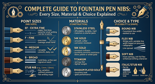 Elegant fountain pen nib close-up macro shot — complete guide to fountain pen nib sizes
