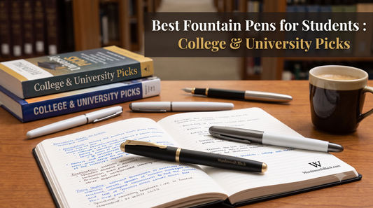A young student concentrating on studying at a wooden desk, taking handwritten notes indoors — best fountain pens for students