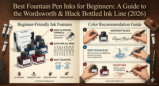 Fountain pen with a bottle of ink and a handwritten note — bottled fountain pen ink for beginners