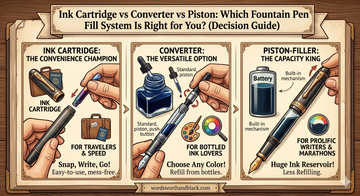 Fountain pen and ink cartridges on a clean workspace — fountain pen filling systems compared