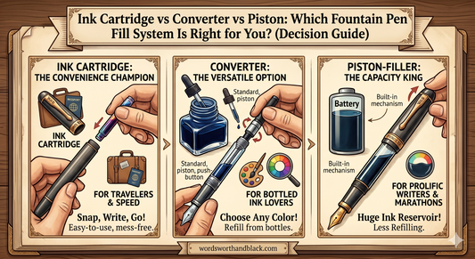 Fountain pen and ink cartridges on a clean workspace — fountain pen filling systems compared