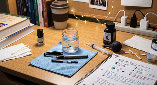A cozy dorm study desk with books, notebooks, and a warm mug of tea — fountain pen care setup for college students