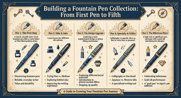 A collection of fountain pens laid out on a wooden desk — building a fountain pen collection