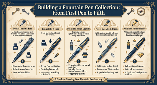A collection of fountain pens laid out on a wooden desk — building a fountain pen collection