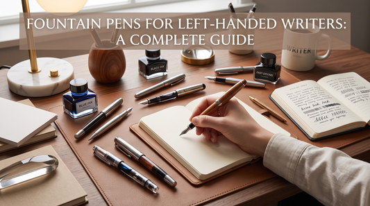 Left-handed person writing in a notebook on a wooden desk — fountain pen for left-handed writers