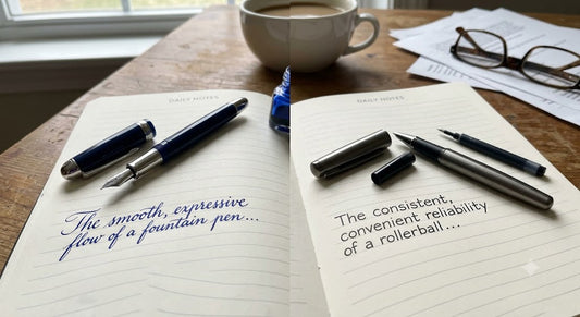 Detailed shot of a gold fountain pen nib on paper with calligraphy — fountain pen vs rollerball comparison