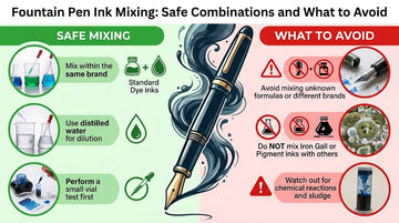 Bottles of fountain pen ink with a pen and mixing vials — fountain pen ink mixing guide