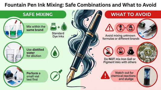 Bottles of fountain pen ink with a pen and mixing vials — fountain pen ink mixing guide