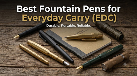 A cluttered desk with a fountain pen, notebook, and coffee — everyday carry fountain pen setup