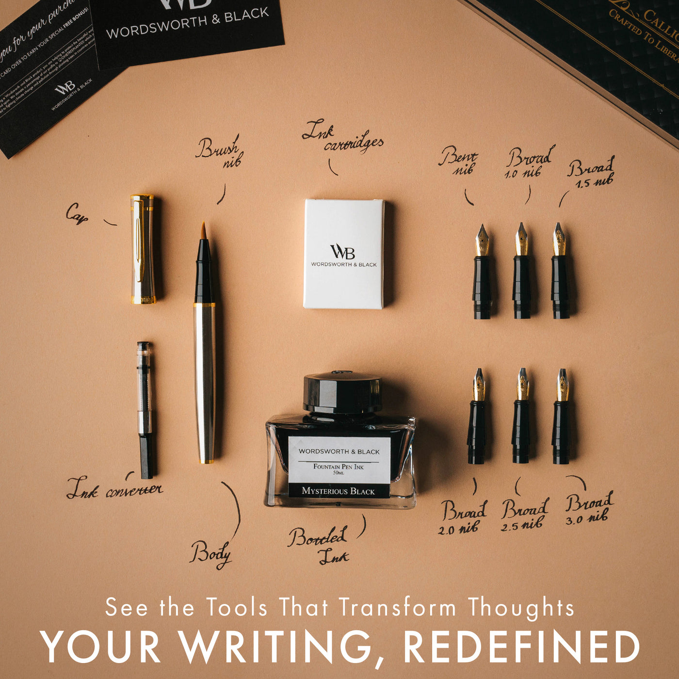 Wordsworth & Black Fountain Pen Set, 18K Gilded Medium and Extra Fine Nibs,  6 Ink Cartridges, Ink Refill Converter, Gift Case Black Chrome 