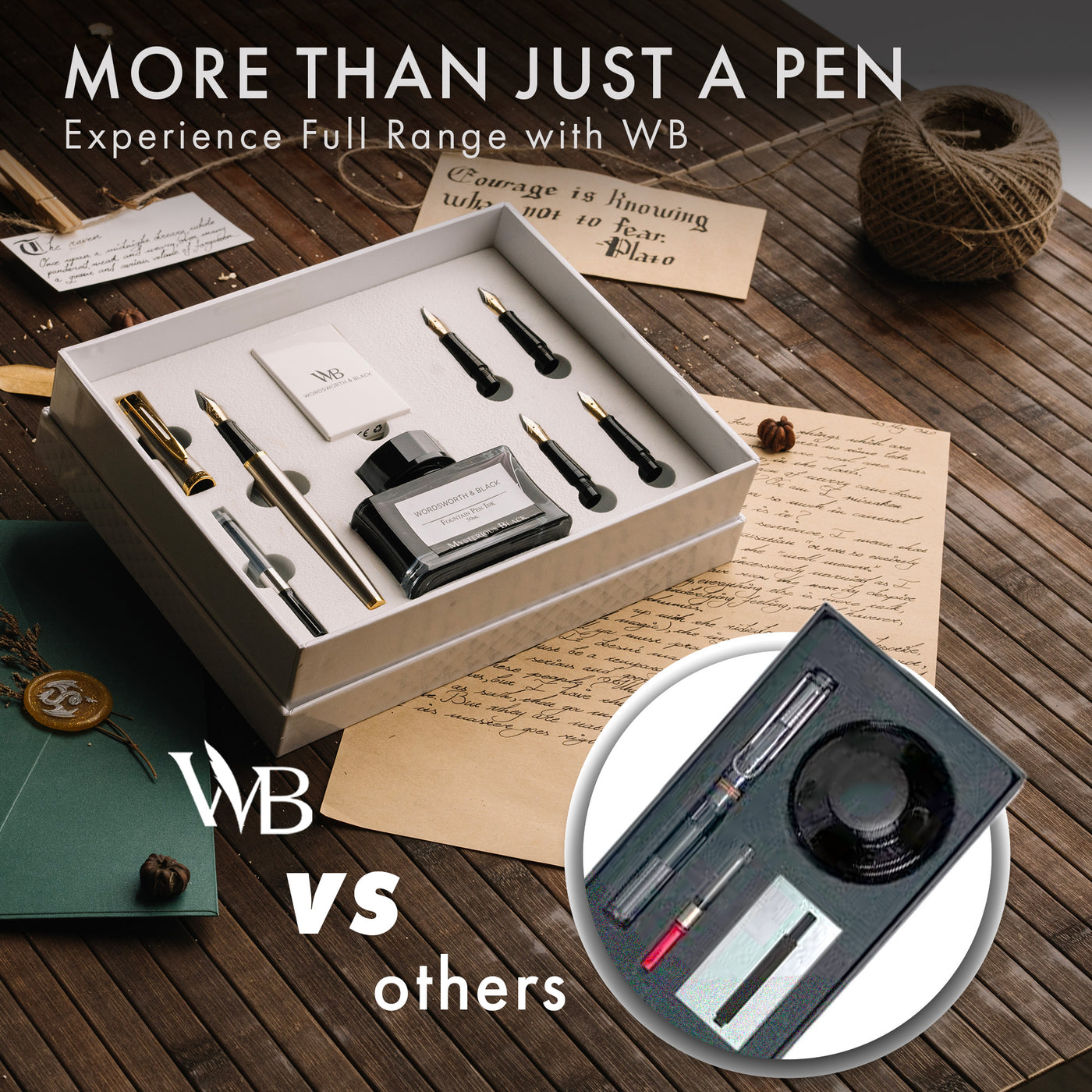 Wordsworth & Black Fountain Pen Set, 18K Gilded Medium and Extra Fine Nibs,  6 Ink Cartridges, Ink Refill Converter, Gift Case Black Chrome 