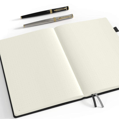 Thin Classic Premium Bullet Grid Journal with Pen Loop | A5 5.8 x 8.3 Dotted Hard Cover Notebook | Lightweight, Numbered Pages | Dotted Journal | Leather, Inner Pocket, Ivory 120gsm Paper | Black [hardcover]