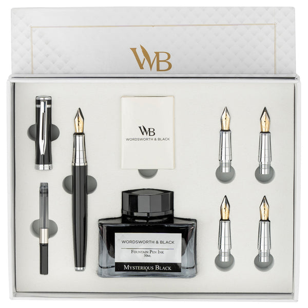 Wordsworth & Black Fountain Pen Gift Set, Includes Ink Bottle, 6 Ink Cartridges, Ink Refill Converter, 4 Replacement Nibs, Premium Package, Journalin