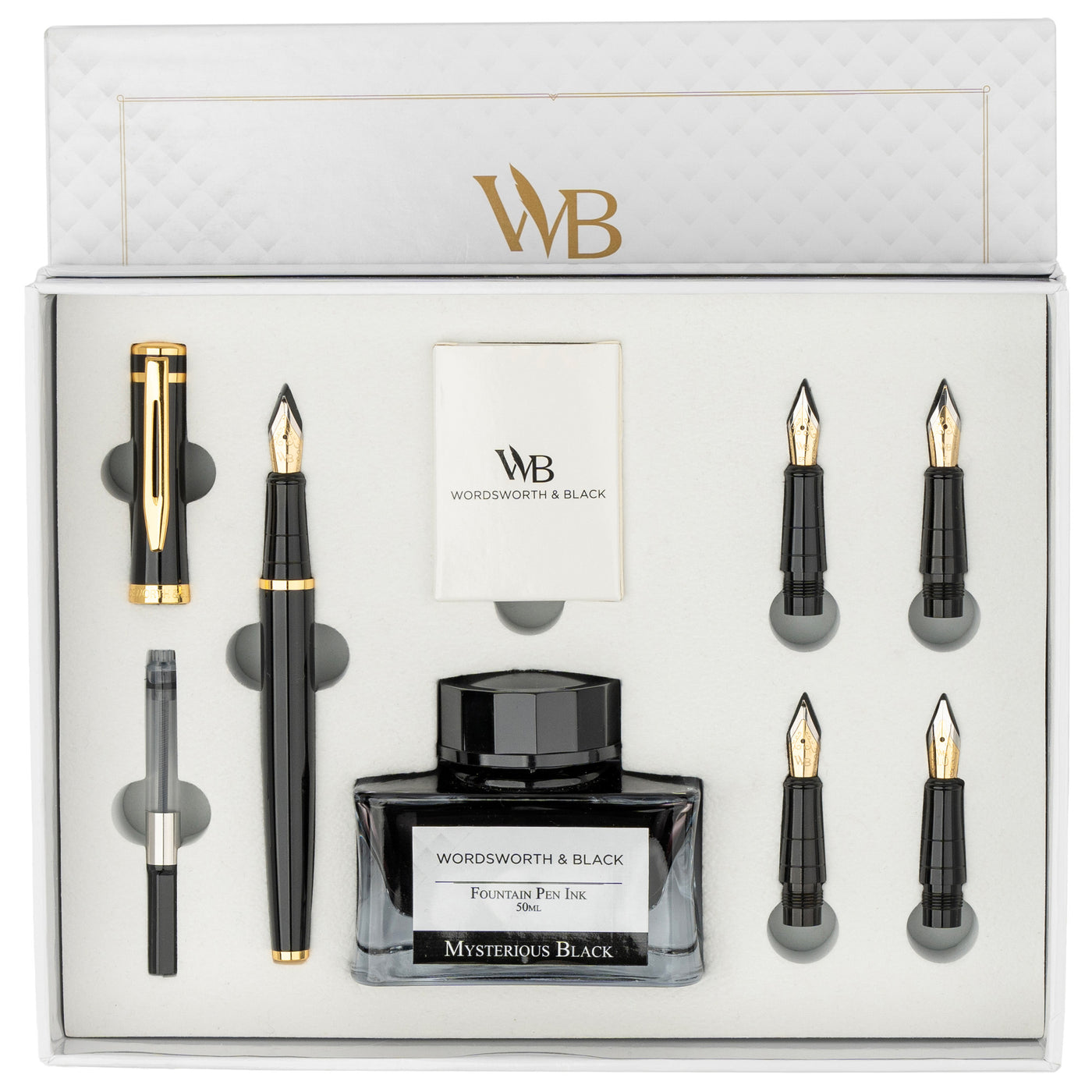 Wordsworth & Black Fountain Pen Gift Set, Includes Ink Bottle, 6 Ink Cartridges, Ink Refill Converter, 4 Replacement Nibs, Premium Package, Journaling, Calligraphy, Smooth Writing Pens