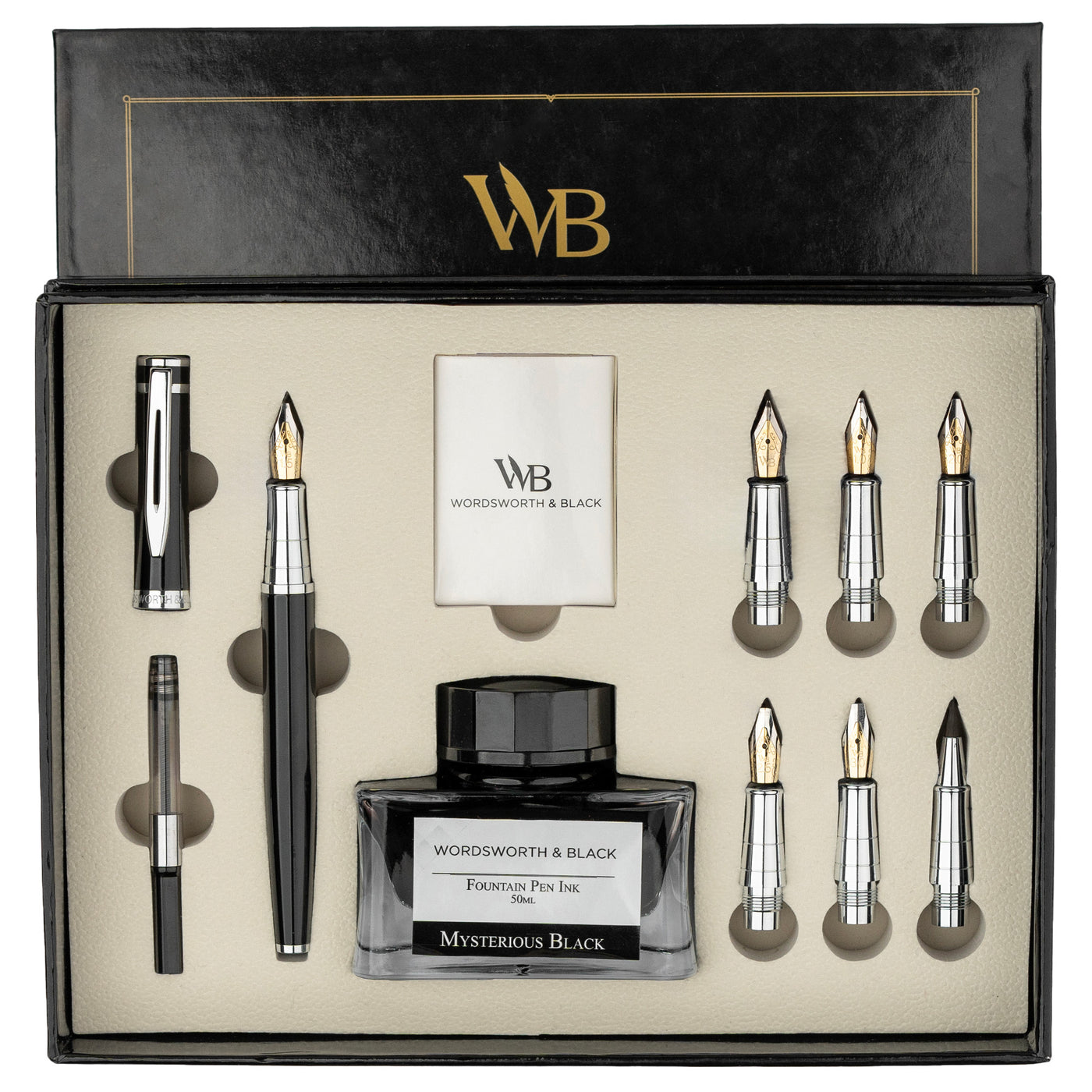Wordsworth & Black Calligraphy Pen Gift Set, Includes Ink Bottle, 6 Ink Cartridges, Ink Refill Converter, 6 Replacement Nibs, Premium Package, Journaling, Smooth Writing Pens