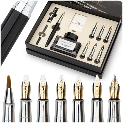 Calligraphy Pen Gift Set, Includes Ink Bottle, 6 Ink Cartridges, Ink Refill Converter, 6 Replacement Nibs, Premium Package, Journaling, Smooth Writing Pens