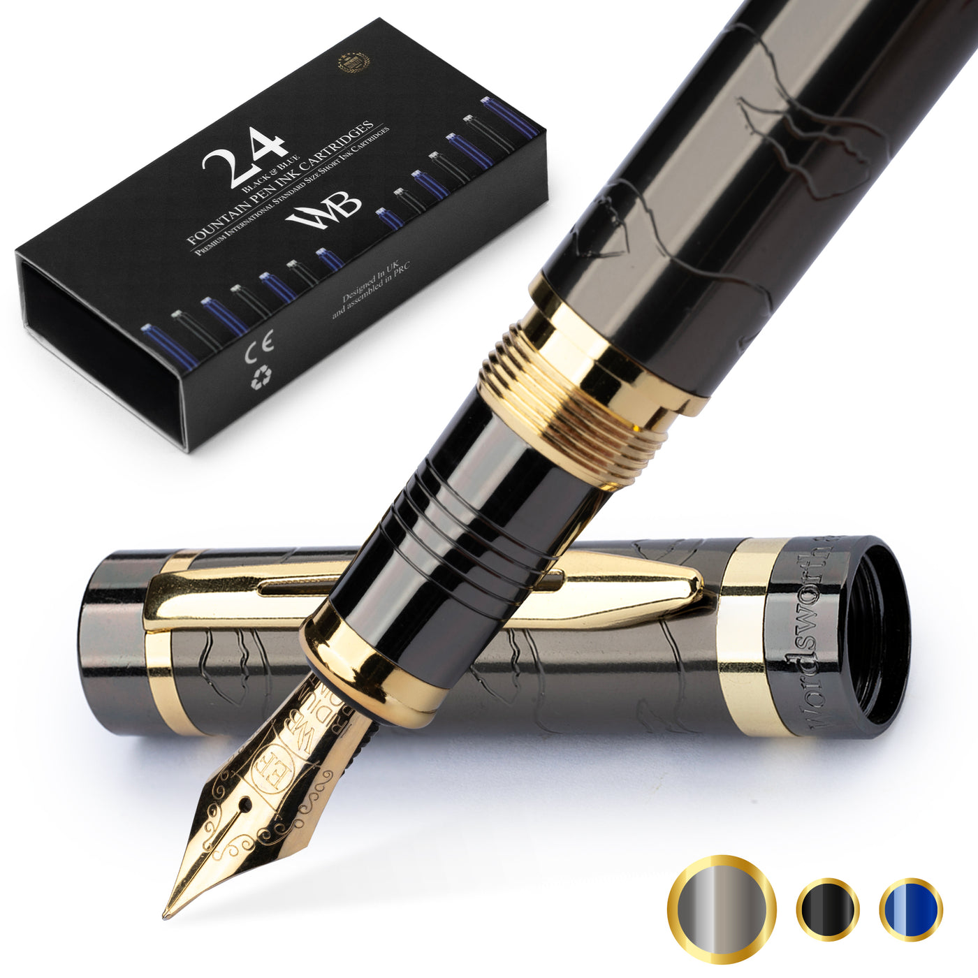 Wordsworth & Black Fountain Pen Set, Medium Nib, Includes 24 Ink Cartridges  and Ink Refill Converter, Gift Case, Journaling, Calligraphy, Smooth