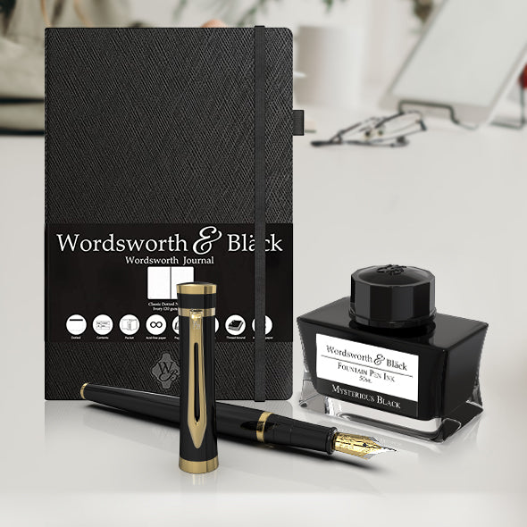 Writers Bundle of Fountain Pen Set (Black Gold) with Premium Dotted Journal (Black), with Fountain Pen Ink Bottle (Black)