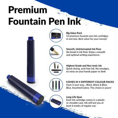 Fountain Pen Ink Refills - 12 Ink Cartridges - International Standard Size - Length APPR 2.04 Inch - Base Diameter APPR 0.24 Inch - Disposable and Generic