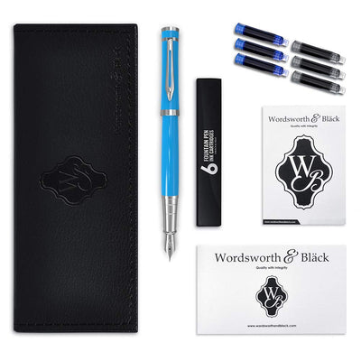 Bundle of Fountain Pen Set (Sky Blue), Medium Nib, Includes 6 Ink Cartridges and Ink Refill Converter, Gift Case With 50ML Fountain Pen Ink Bottle, Premium Luxury Edition