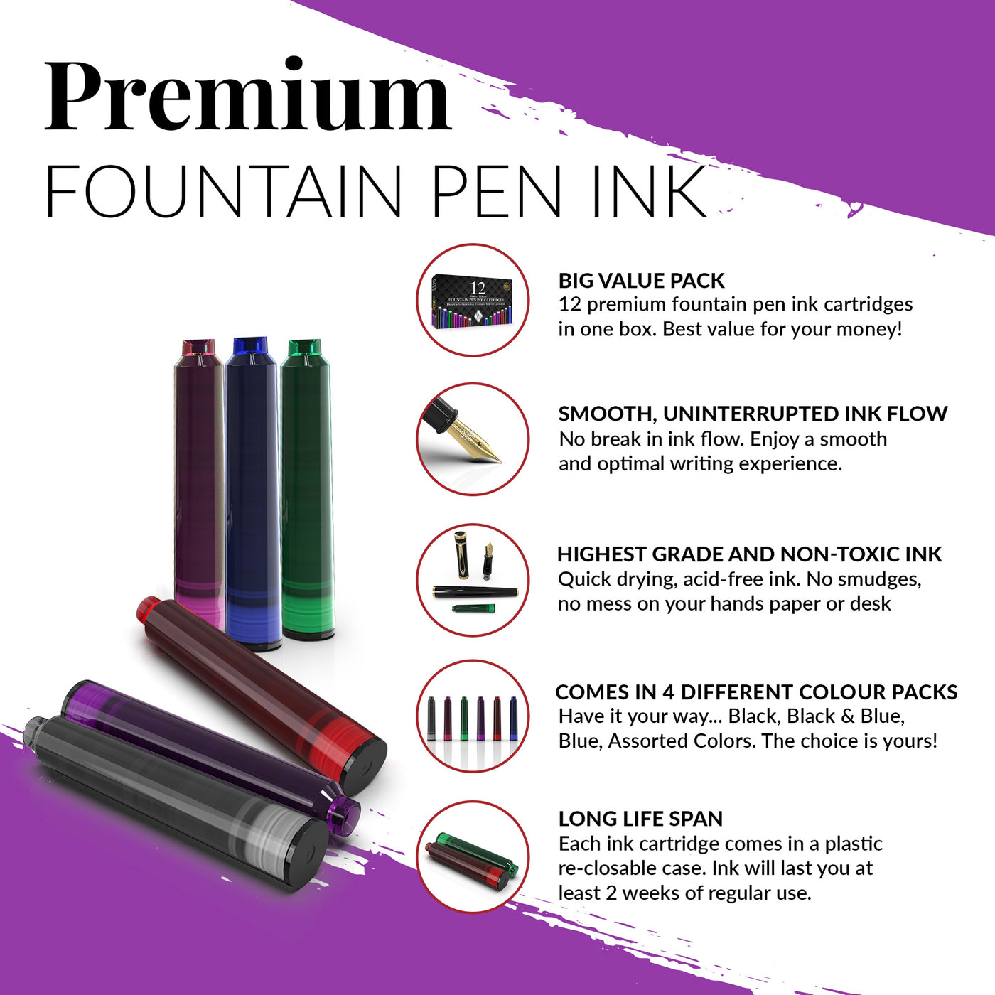Fountain Pen Ink Refills - 12 Ink Cartridges - International Standard Size - Length APPR 2.04 Inch - Base Diameter APPR 0.24 Inch - Disposable and Generic