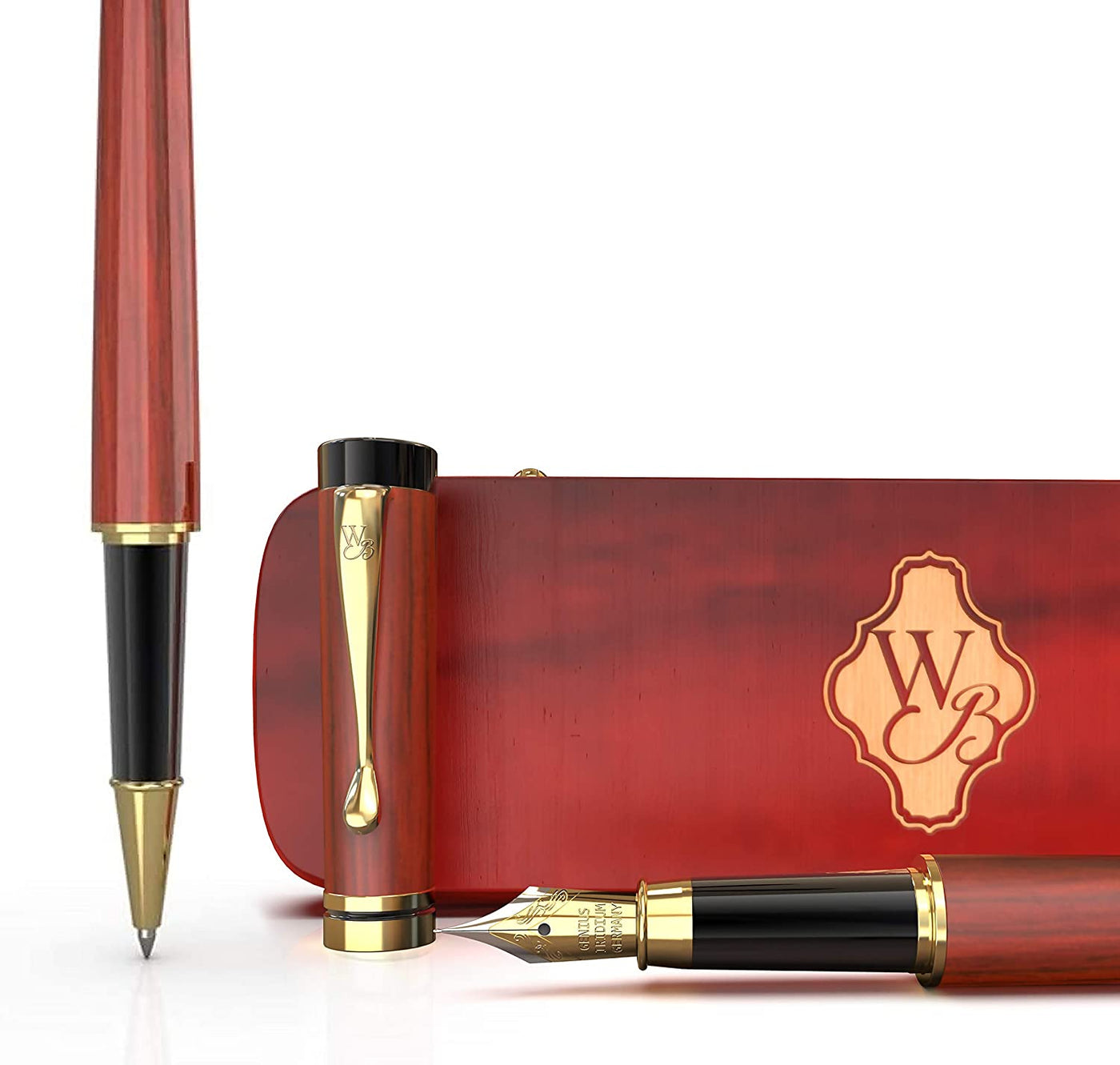 Wordsworth and Black's Bundle of Luxury Wooden Bamboo Fountain Pen and Wooden Rollerball Pen (Rosewood)