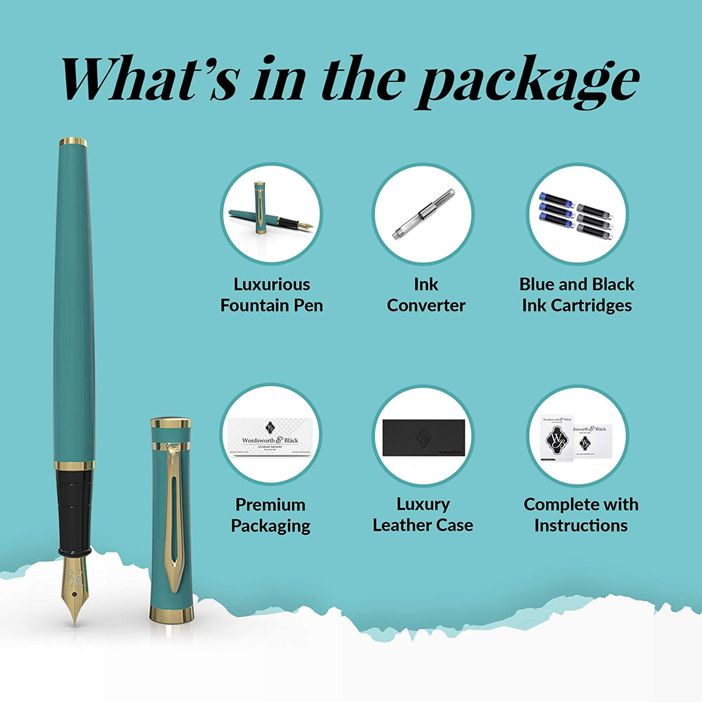 Bundle of Fountain Pen Set (Turquoise Gold), Medium Nib, Includes 6 Ink Cartridges and Ink Refill Converter, Gift Case With 50ML Fountain Pen Ink Bottle, Premium Luxury Edition