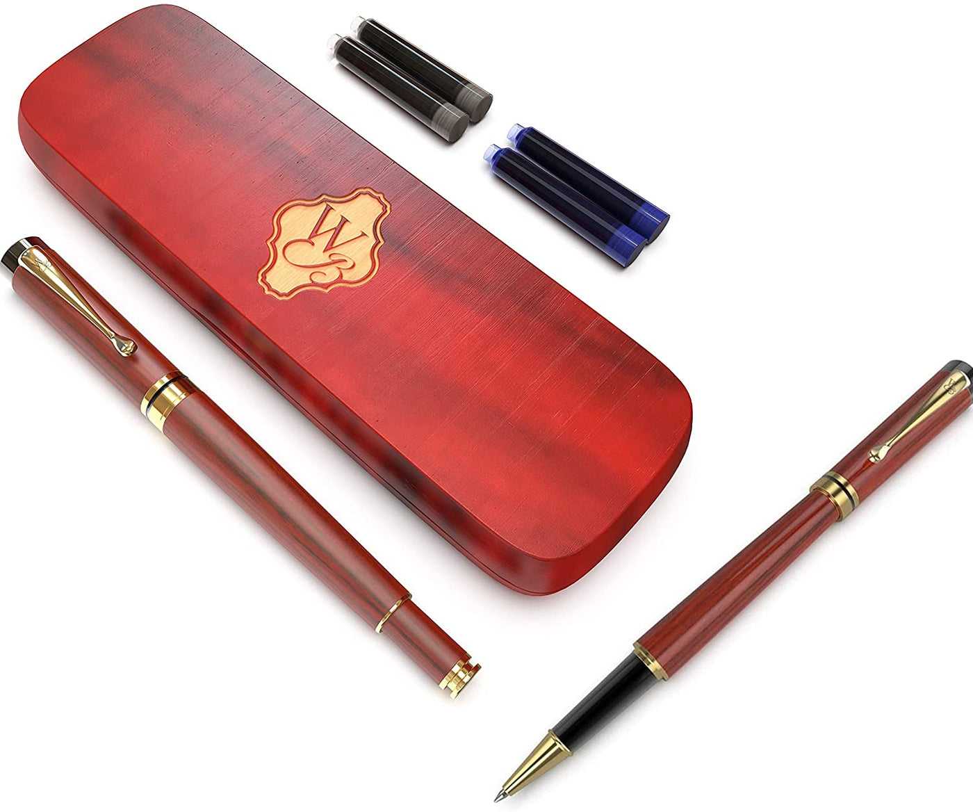 Wordsworth and Black's Bundle of Luxury Wooden Bamboo Fountain Pen and Wooden Rollerball Pen (Rosewood)