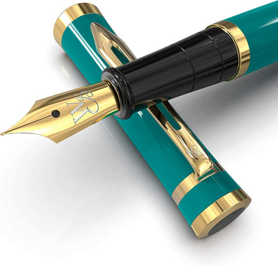 Bundle of Fountain Pen Set (Turquoise Gold), Medium Nib, Includes 6 Ink Cartridges and Ink Refill Converter, Gift Case With 50ML Fountain Pen Ink Bottle, Premium Luxury Edition
