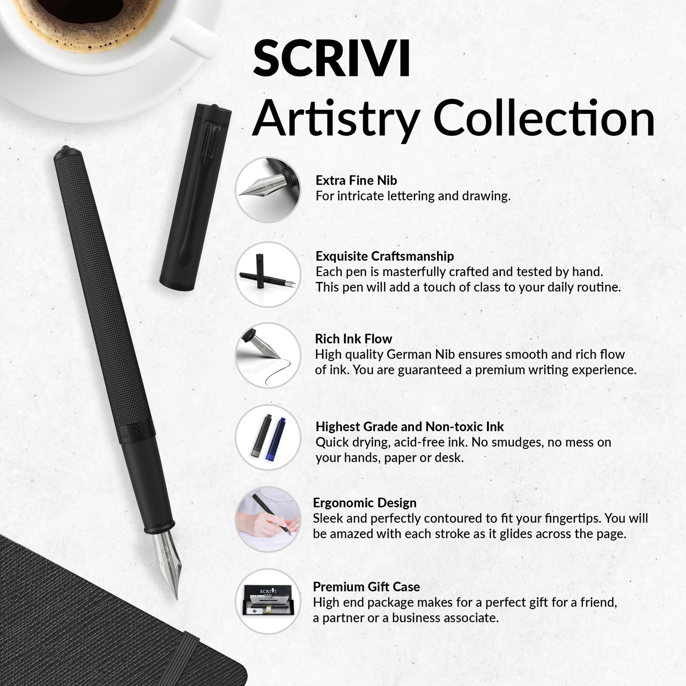 SCRIVI PENS Fountain Pen Set, [Extra Fine Nib], Artistry Collection, Gift  Case; 2 Ink Cartridges, Ink Refill Converter, Calligraphy, Smooth Writing