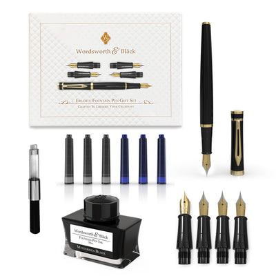 Wordsworth & Black Fountain Pen Gift Set, Includes Ink Bottle, 6 Ink Cartridges, Ink Refill Converter, 4 Replacement Nibs, Premium Package, Journaling, Calligraphy, Smooth Writing Pens