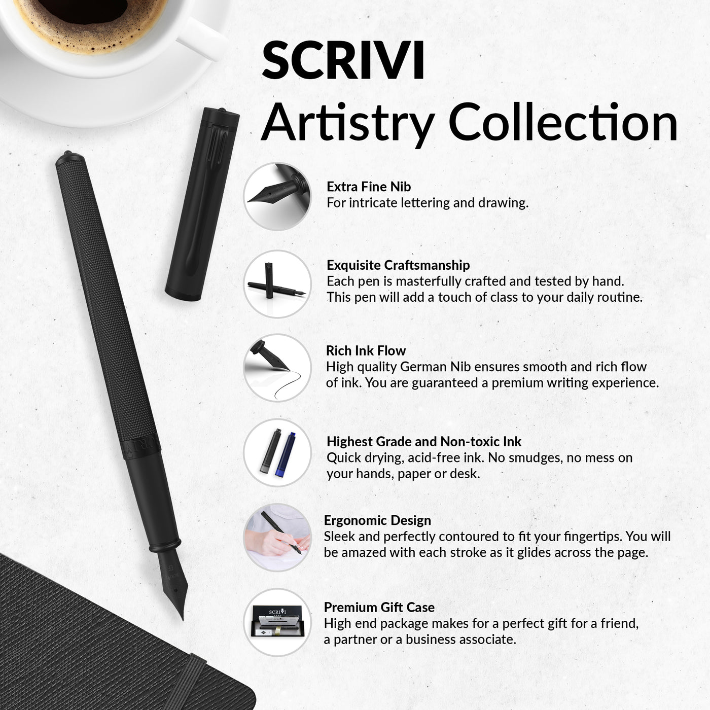 SCRIVI PENS Fountain Pen Set [Extra Fine Nib], Artistry Collection; Gift Case; 2 Ink Cartridges, Ink Refill Converter, Calligraphy, Smooth Writing Pens [Black Chrome], Perfect for Men and Women