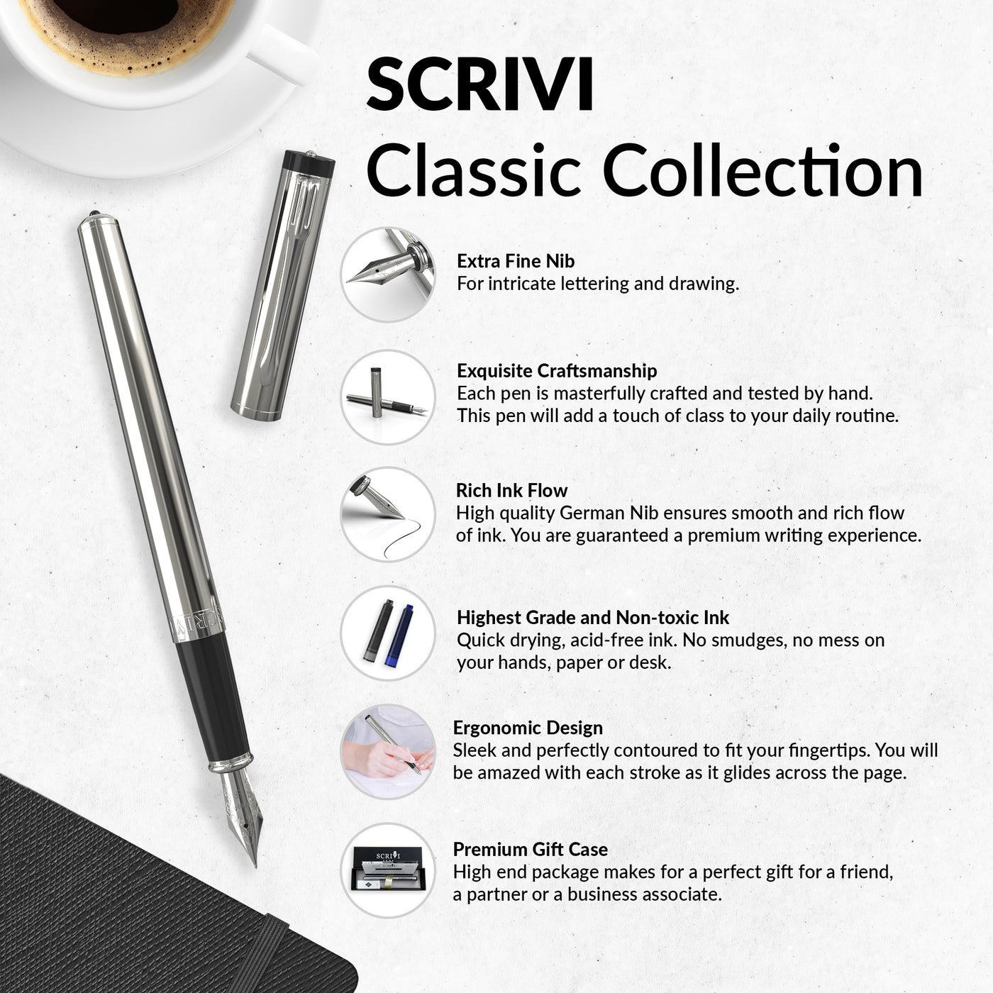SCRIVI PENS Fountain Pen Set [Extra Fine Nib], Classic Collection, Gift Case; 2 Ink Cartridges, Ink Refill Converter, Calligraphy, Smooth Writing Pens [Black Chrome Trim], Perfect for Men and Women